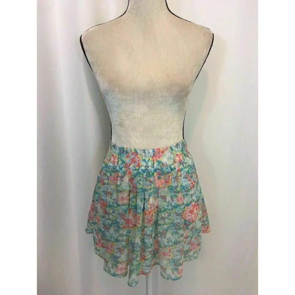 Zara Womens Floral Blue Yellow Pink Mini Flare Skirt Xs